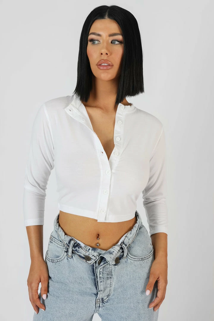 Public Desire UK KAIIA CLOTHING Button Front Long Sleeve Crop Top White 2 Public Desire UK KAIIA CLOTHING Button Front Long Sleeve Crop Top White