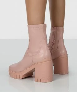 Public Desire UK OBSTACLE PINK CHUNKY HEELED ANKLE BOOTS