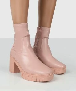 Public Desire UK OBSTACLE PINK CHUNKY HEELED ANKLE BOOTS