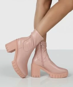 Public Desire UK OBSTACLE PINK CHUNKY HEELED ANKLE BOOTS