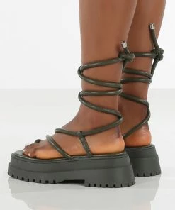 Public Desire UK Amber X Public Desire Origin Khaki PU Chunky Sole Lace Up Sandal SANDALS