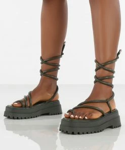 Public Desire UK Amber X Public Desire Origin Khaki PU Chunky Sole Lace Up Sandal SANDALS