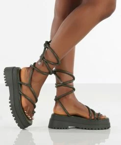 Public Desire UK Amber X Public Desire Origin Khaki PU Chunky Sole Lace Up Sandal SANDALS