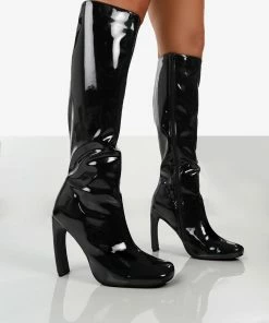 Public Desire UK Peppa Black Patent Block Heel Knee High Boots