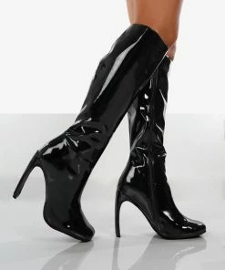 Public Desire UK Peppa Black Patent Block Heel Knee High Boots