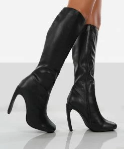 Public Desire UK Peppa Black Pu Block Heel Knee High Boots