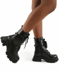 Public Desire UK Flat Boots Peyton Black PU Chunky Sole Pouch Ankle Boots