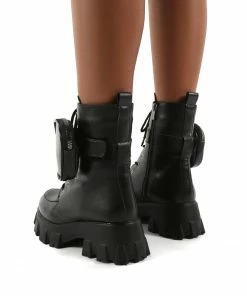 Public Desire UK Flat Boots Peyton Black PU Chunky Sole Pouch Ankle Boots