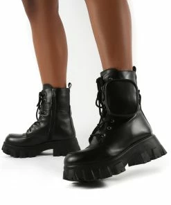 Public Desire UK Flat Boots Peyton Black PU Chunky Sole Pouch Ankle Boots