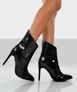 Public Desire UK Quinn Black Patent Heeled Stiletto Ankle Boots