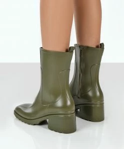 Public Desire UK Ankle Boots Rainyday Green Chunky Zip Up Heeled Wellies