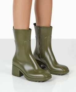 Public Desire UK Ankle Boots Rainyday Green Chunky Zip Up Heeled Wellies