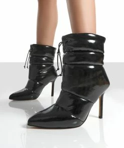 Public Desire UK Reset Black Patent Puffer Drawstring Heeled Boots