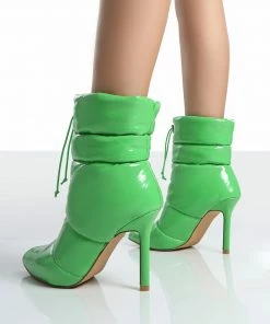 Public Desire UK Ankle Boots Reset Green Patent Puffer Drawstring Heeled Boots