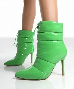 Public Desire UK Ankle Boots Reset Green Patent Puffer Drawstring Heeled Boots