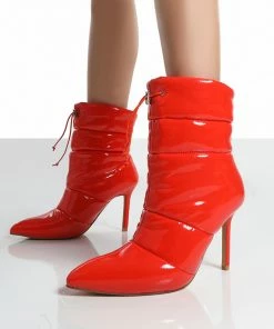 Public Desire UK Ankle Boots Reset Red Patent Puffer Drawstring Heeled Boots