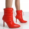 Public Desire UK Ankle Boots Reset Red Patent Puffer Drawstring Heeled Boots