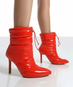 Public Desire UK Ankle Boots Reset Red Patent Puffer Drawstring Heeled Boots