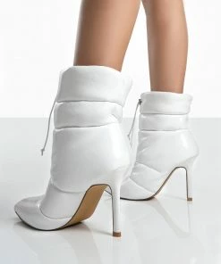 Public Desire UK Reset White Patent Puffer Drawstring Heeled Boots Ankle Boots