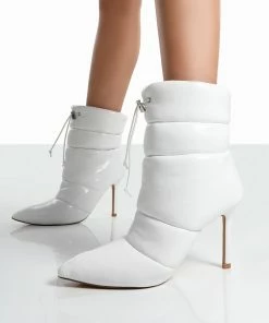 Public Desire UK Reset White Patent Puffer Drawstring Heeled Boots Ankle Boots