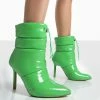 Public Desire UK Ankle Boots Reset Green Patent Puffer Drawstring Heeled Boots