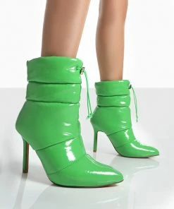 Public Desire UK Ankle Boots Reset Green Patent Puffer Drawstring Heeled Boots