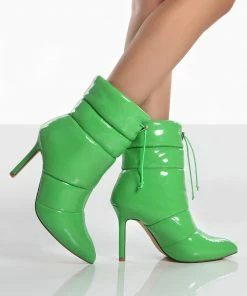 Public Desire UK Ankle Boots Reset Green Patent Puffer Drawstring Heeled Boots