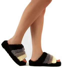 Public Desire UK Sleepy Black Fluffy Sliders Faux Fur Slippers