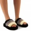 Public Desire UK Sleepy Black Fluffy Sliders Faux Fur Slippers