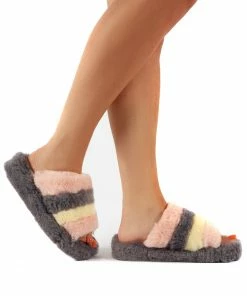 Public Desire UK Sleepy Grey Fluffy Sliders Faux Fur Slippers