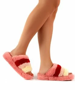 Public Desire UK Sleepy Pink Fluffy Sliders Faux Fur Slippers