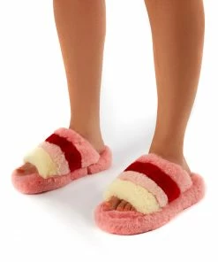 Public Desire UK Sleepy Pink Fluffy Sliders Faux Fur Slippers