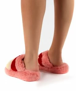 Public Desire UK Sleepy Pink Fluffy Sliders Faux Fur Slippers