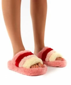 Public Desire UK Sleepy Pink Fluffy Sliders Faux Fur Slippers
