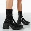 Public Desire UK Sway Black PU Heeled Wellies Ankle Boots