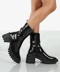 Public Desire UK Sway Black PU Heeled Wellies Ankle Boots
