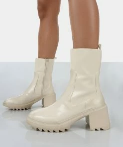 Public Desire UK Sway Ecru PU Heeled Wellies Ankle Boots
