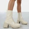 Public Desire UK Sway Ecru PU Heeled Wellies Ankle Boots