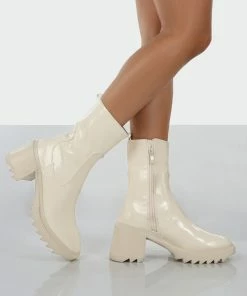 Public Desire UK Sway Ecru PU Heeled Wellies Ankle Boots