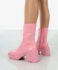 Public Desire UK Sway Pink PU Heeled Wellies Ankle Boots