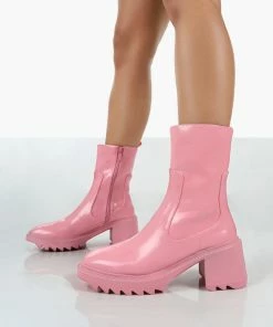 Public Desire UK Sway Pink PU Heeled Wellies Ankle Boots