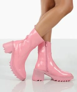 Public Desire UK Sway Pink PU Heeled Wellies Ankle Boots