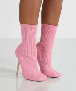Public Desire UK Souffle Pink Knit Stiletto Heel Sock Ankle Boot