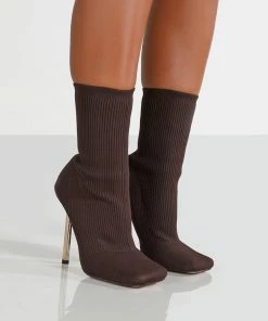 Public Desire UK Back In Stock SOUFFLE CHOCOLATE KNIT STILETTO HEEL SOCK ANKLE BOOT