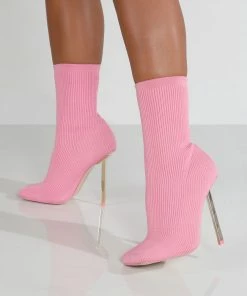 Public Desire UK Souffle Pink Knit Stiletto Heel Sock Ankle Boot