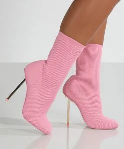 Public Desire UK Souffle Pink Knit Stiletto Heel Sock Ankle Boot
