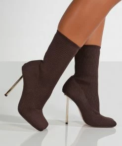 Public Desire UK Back In Stock SOUFFLE CHOCOLATE KNIT STILETTO HEEL SOCK ANKLE BOOT