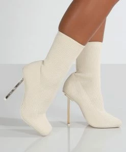Public Desire UK SOUFFLE ECRU KNIT STILETTO HEEL SOCK ANKLE BOOT