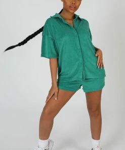 Public Desire UK Oversized Short Sleeve Towelling Shirt Green