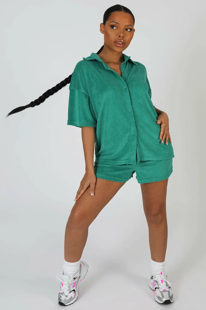 Public Desire UK Oversized Short Sleeve Towelling Shirt Green 1 Public Desire UK Oversized Short Sleeve Towelling Shirt Green